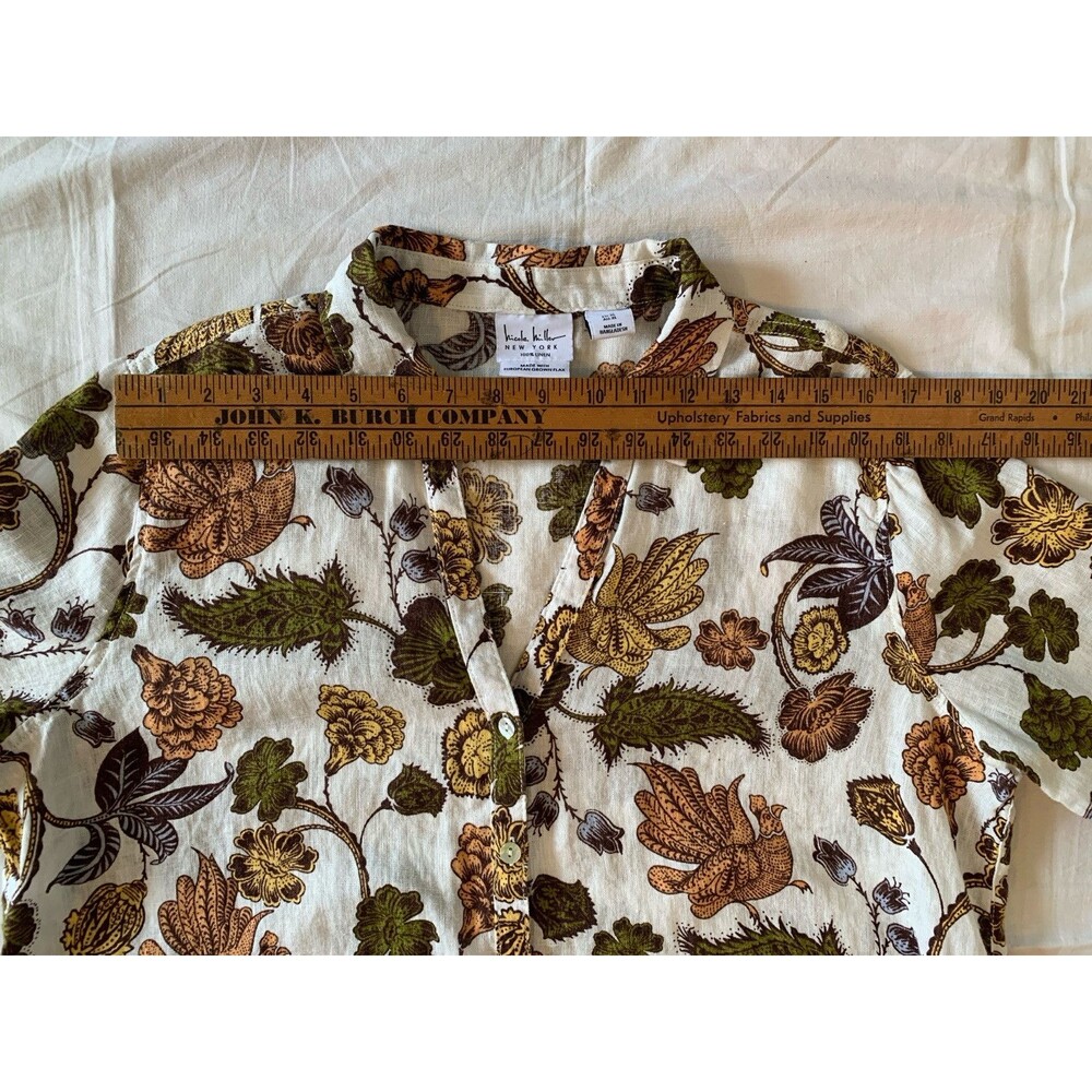 Nicole Miller European Flax Linen Shirt XL Earthy Floral Bird Button-up Roll-tab - Picture 12 of 14